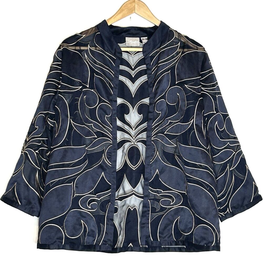 Travelers by Chico’s Sheer Open Front Jacket Navy Floral Kimono Cardigan Size 2